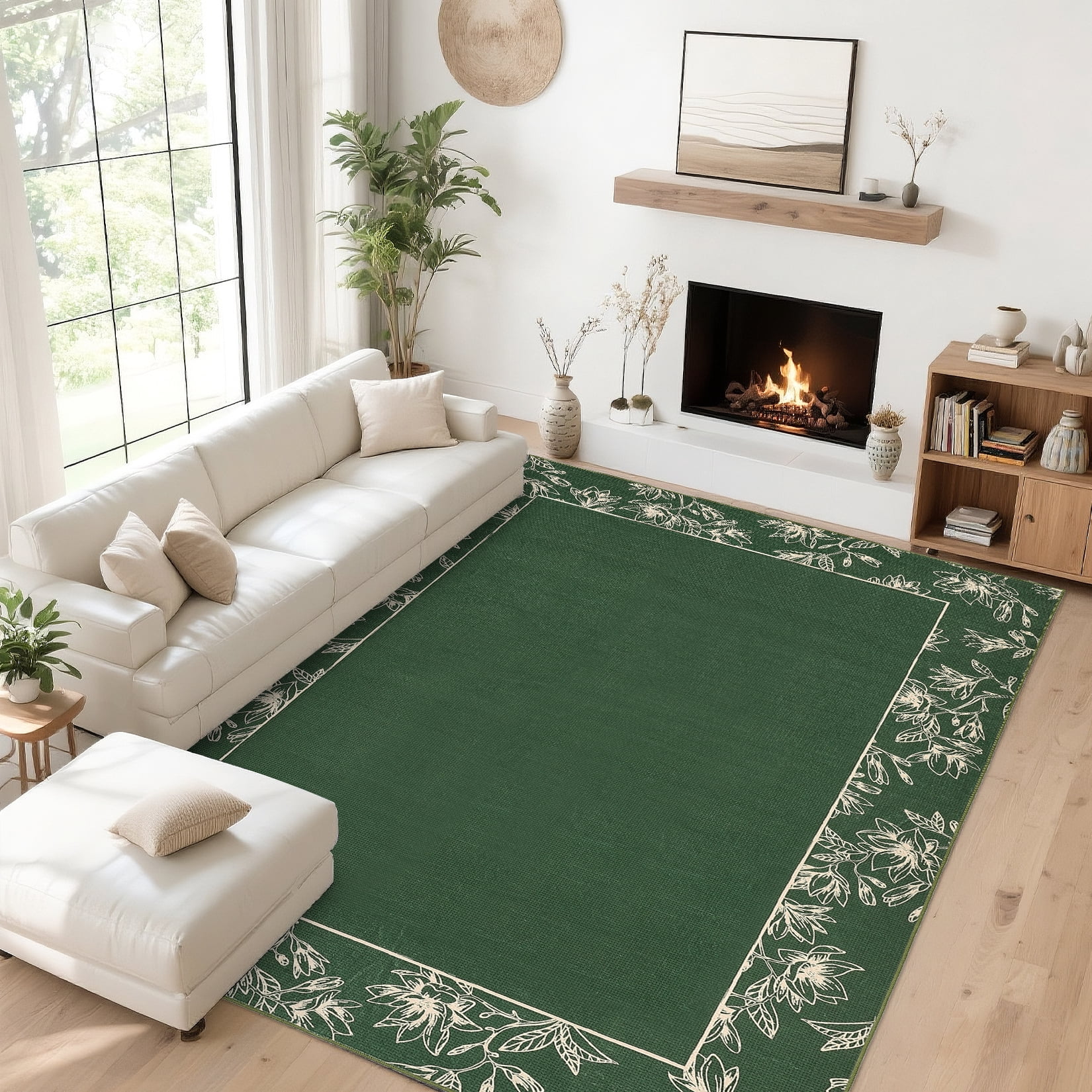Garvee 10'x13' Solid Floral Area Rugs Modern Bordered Washable Rugs, Soft Non Slip Carpet Low Pile Rug for Living Room Bedroom Home Decor, Green