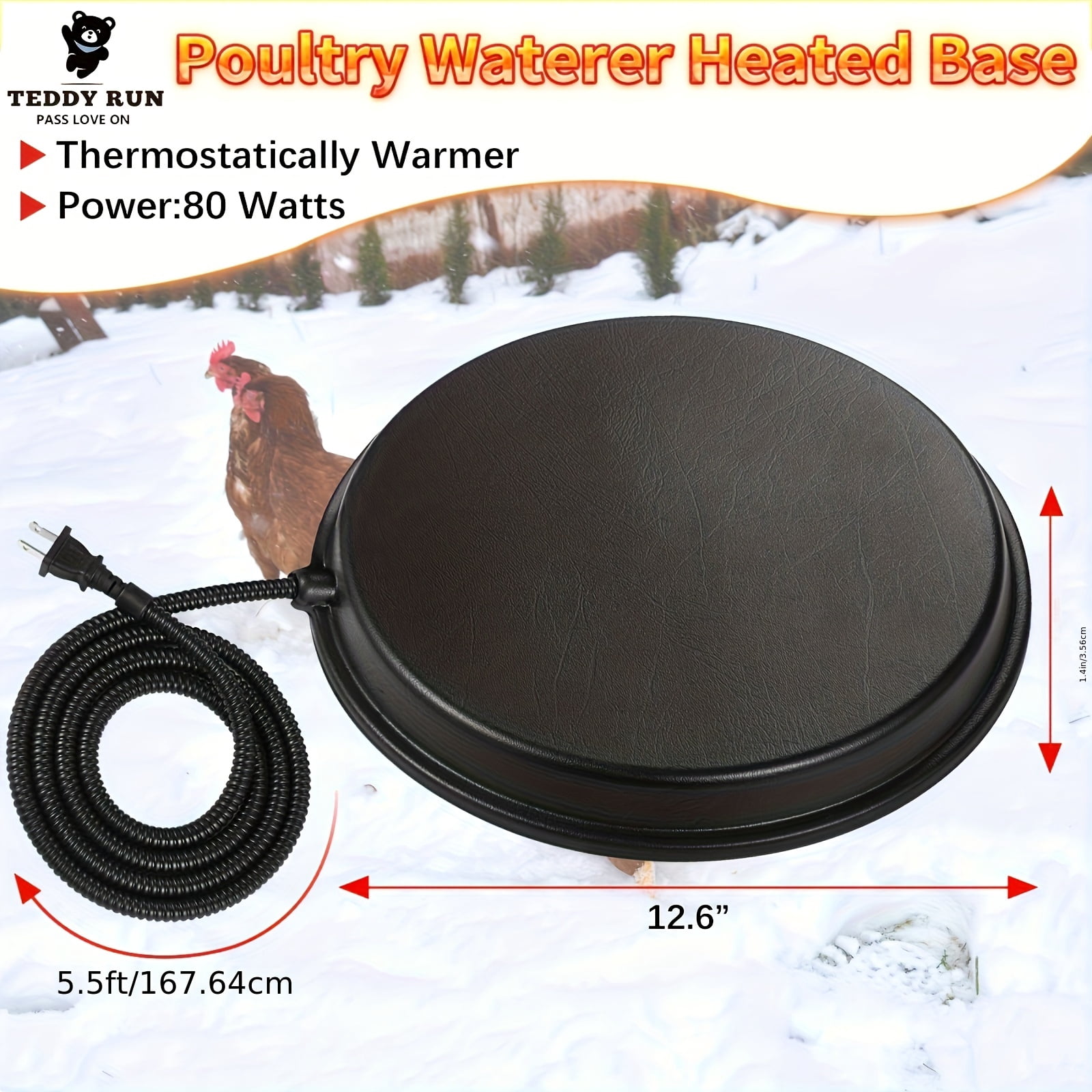 80W Chicken Water Heater with Heated Base - 120V, US Plug, Durable Plastic, Ideal for Winter Deicer, Pet Water Heater for Metal Poultry Founts