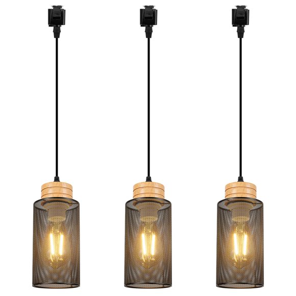 FSLiving Dimmable Juno Track Lighting Pendants, 3.2 Ft, J-Type Track Mounted Wooden Socket Black Industrial Grid Hollowing Designed Metal Cover 3 Lights for Bar Kitchen Ceiling Customizable