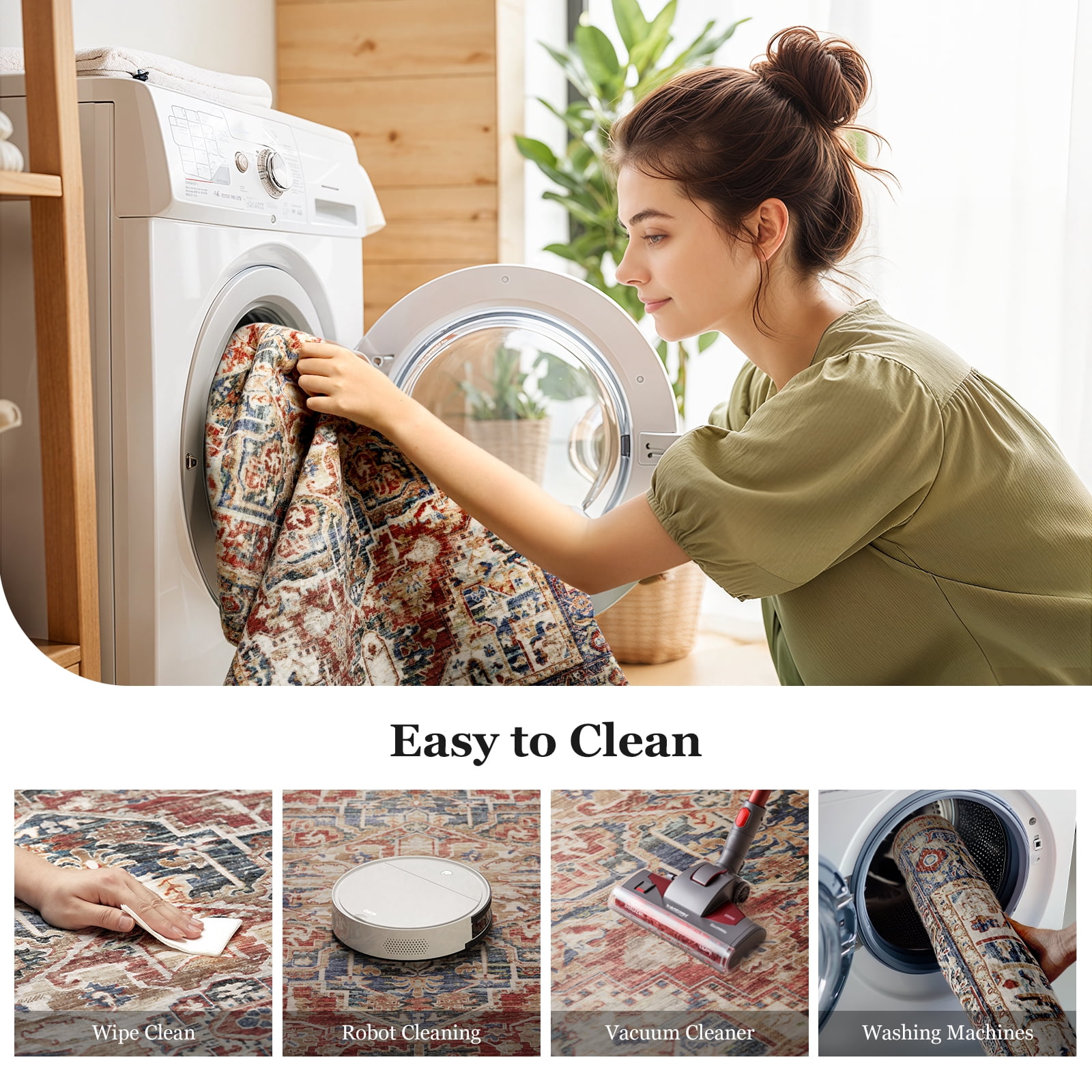 CHITOOMA 9'x12' Boho Area Rugs for Living Room, Machine Washable Area Rug with Non-Slip Backing, Stain Resistant Non-Shed Carpet for Bedroom, Dining Room, Dorm, Office