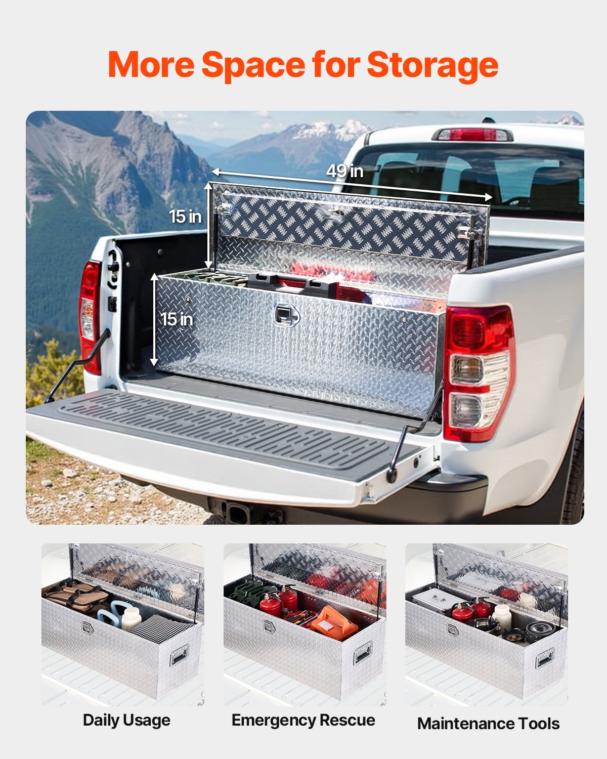 VEVOR Heavy Duty Aluminum Truck Bed Tool Box, Diamond Plate Tool Box with Side Handle and Lock Keys, Storage Toolbox Chest Organizer for Trailer, Pickup, Truck Bed, RV, 49"x15"x15", Silver
