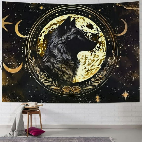 BCIIG Wolf Tapestry,Sun and Moon Wall Hanging Art,Tribal Dream Catcher Wall Blanket for Kids Girls Boys Adult Bedroom Decor,Black Gold Starry Sky Galaxy Cloud Porch Hangings,