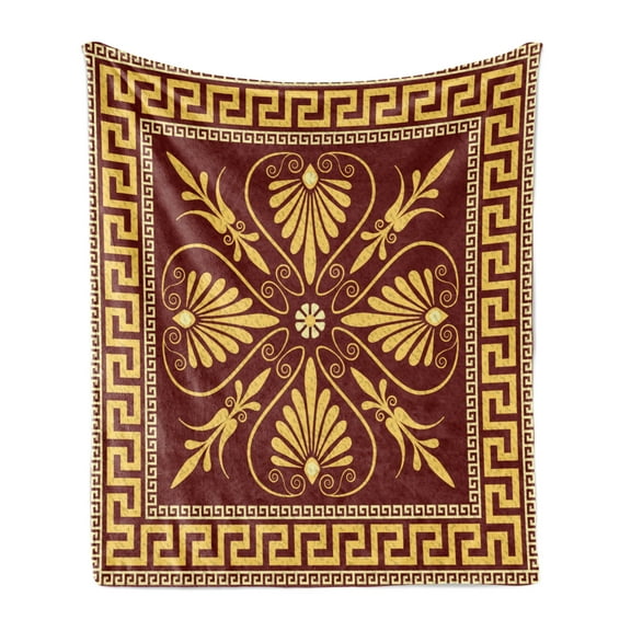 Greek Key Soft Flannel Fleece Throw Blanket, Old Fashioned Frame Design the Labyrinth and Curly Leaves Flowers, Cozy Plush for Indoor and Outdoor Use, 50" x 60", Ruby Yellow, by Ambesonne