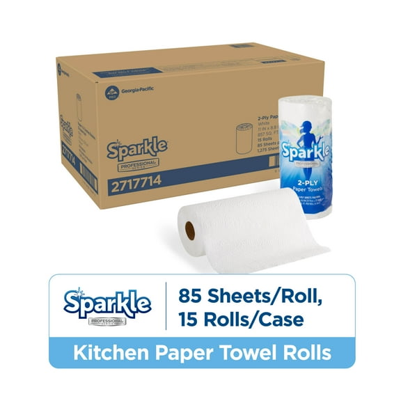 Sparkle Professional Series® 2-Ply Perforated Kitchen Paper Towel Rolls by GP PRO (Georgia-Pacific), White, 2717714, Sheet size: 11” X 8.8” (LxW), 85 Sheets Per Roll, 15 Rolls Per Case