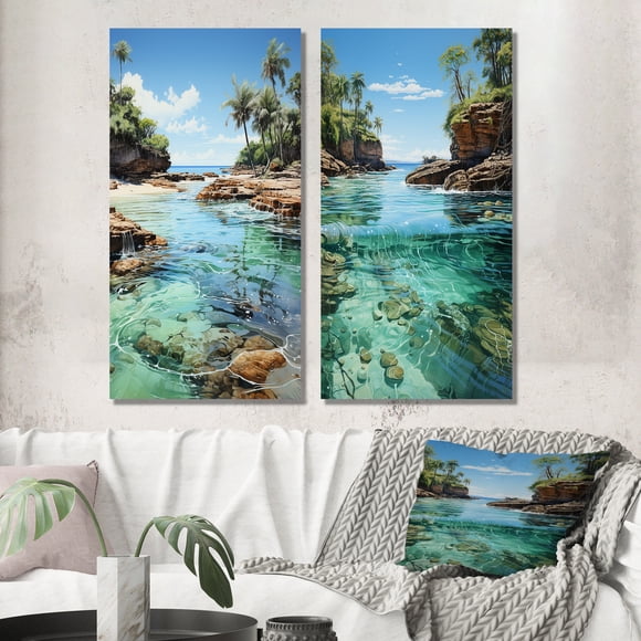 Designart "Dominican Caribbean Dream II" Coastal Beach Wall Art Set Of 2 - Teal Beach Gallery Wall Set For Home Decor