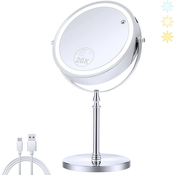 Lighted Makeup Mirror, 20X Magnifying Mirror with Light, Double Sided Makeup Mirror with 20X/1X Magnification, 360°Rotation, 3 Colors Brightness Adjustable Vanity Mirror with 42 LEDs, 2000mAh
