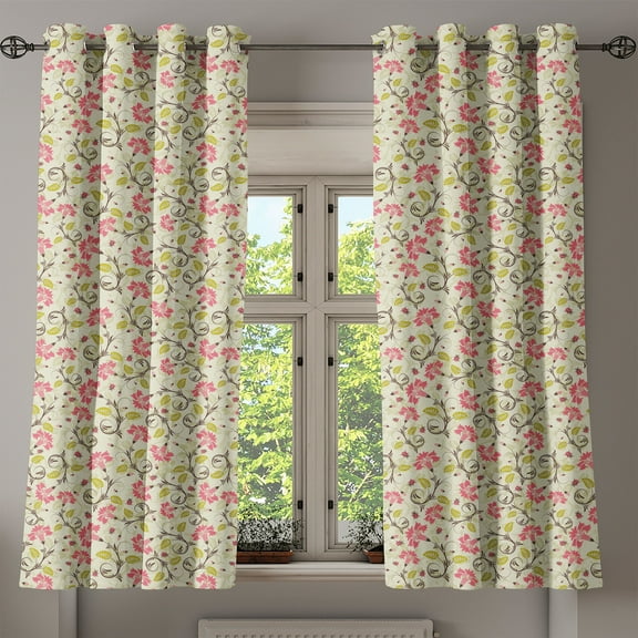 Ambesonne Floral Grommet Curtain, Curving Flower Pattern Art, 50" x 54", Pale Green and Pink