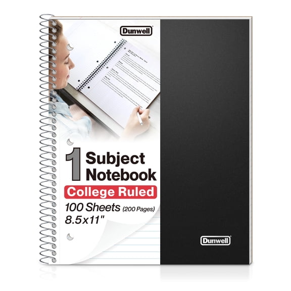 Spiral notebook college ruled, 1 subject notebook 8.5 x 11, plastic cover with pocket, 100 sheets 200 pages, 3 hole punched for office, black