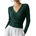 thumbnail image 3 of Long Sleeve Tops for Women Surplice Neck Solid Color Collar Waist Cinched Top Outfit Travel Wear, 3 of 8