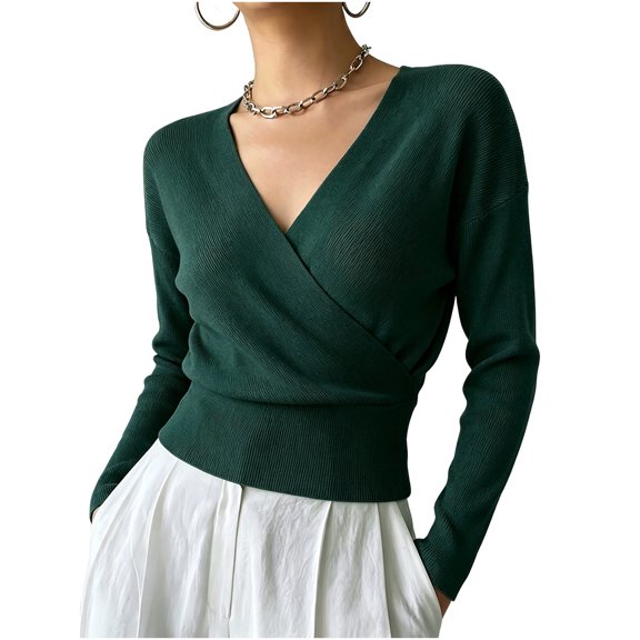 cocolona Wrap Sweater for Women V Neck Long Sleeve Cross Wrap Elegant Knit Tops Slim Waist Cinched Trendy Fall Outfits