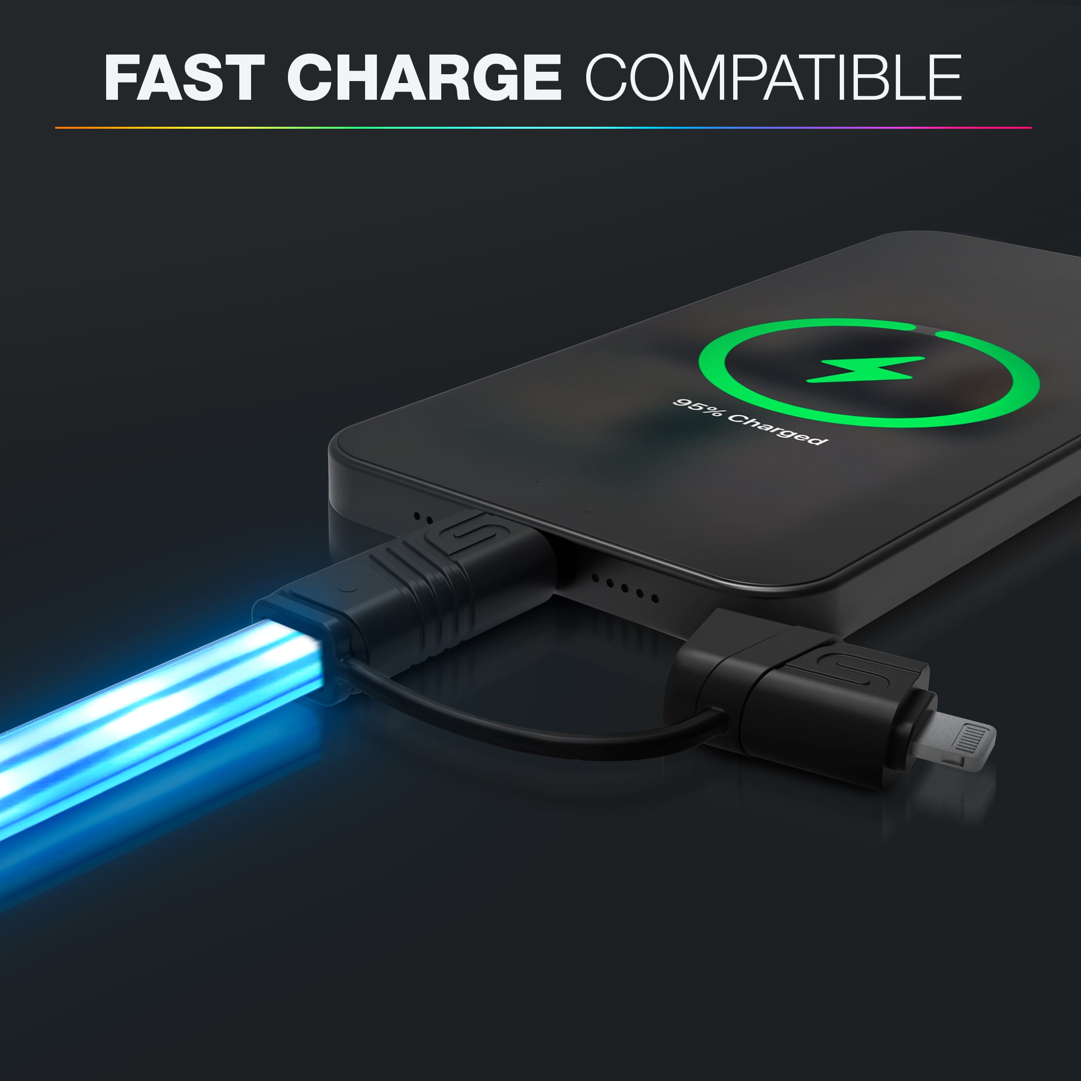 TYPE S Charge & Glow LED Charging Cable, USB-A to USB-C with Lightning Adapter, 3 FT, 10+ Light Modes with Touch Button Control, AC535224