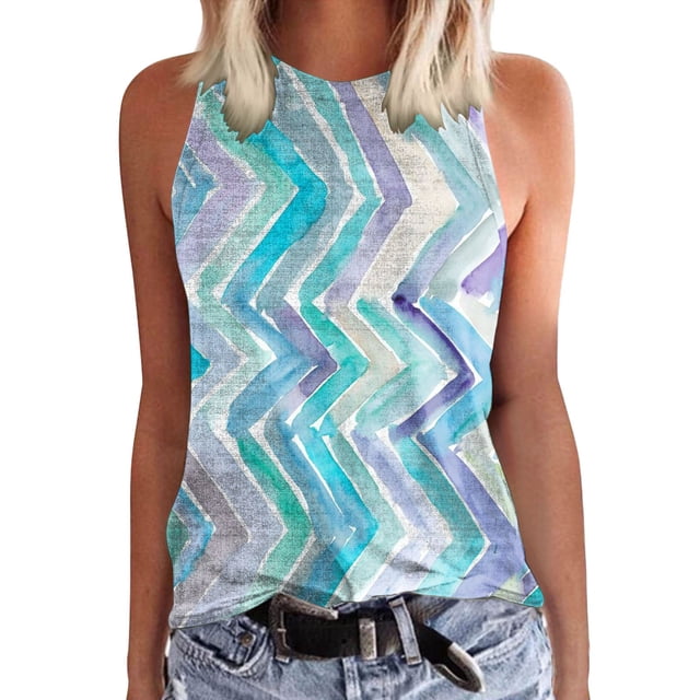 Verano Tops Camisetas sin mangas de cuello redondo de verano a la moda para mujer, camisetas sin mangas ligeras estampadas, camiseta sin mangas gráfica holgada Sexy (Sky Blue, M)