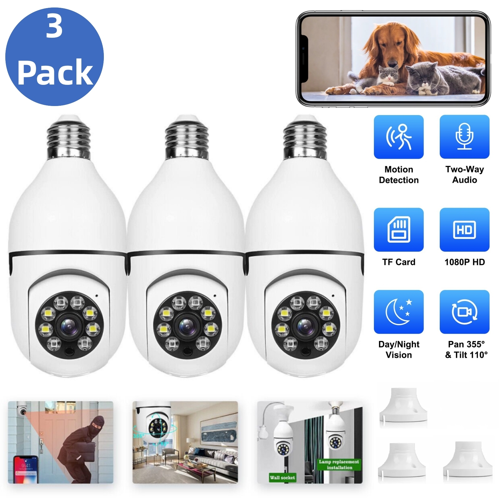 3 Pack Wireless Security Cameras, Light Bulb Security Cameras, 2.4G