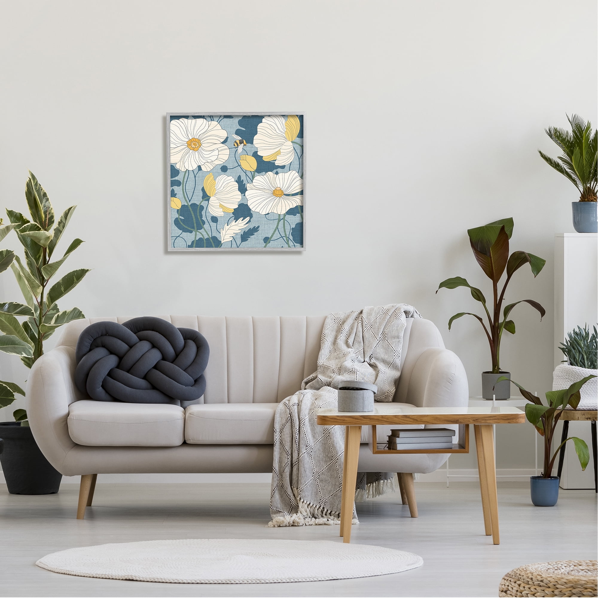 Stupell Industries Poppy Pattern on Blue Botanical & Floral Painting Gray Framed Art Print Wall Art, 24 x 24