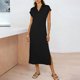 thumbnail image 5 of TaTaai Women's Short Sleeve Midi Dress Solid Color Lapel Collar Casual Dress with Side Slit Lightweight Stretchy Polyester Blend Gift, 5 of 7