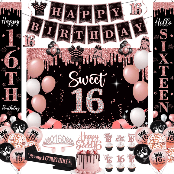 Sweet 16th Birthday Decorations for Girl, Rose Gold and Black 45-Piece Party Kit with Birthday Queen Crown, Sash, Photo Backdrop, Porch Sign, Balloons & Hanging Swirls