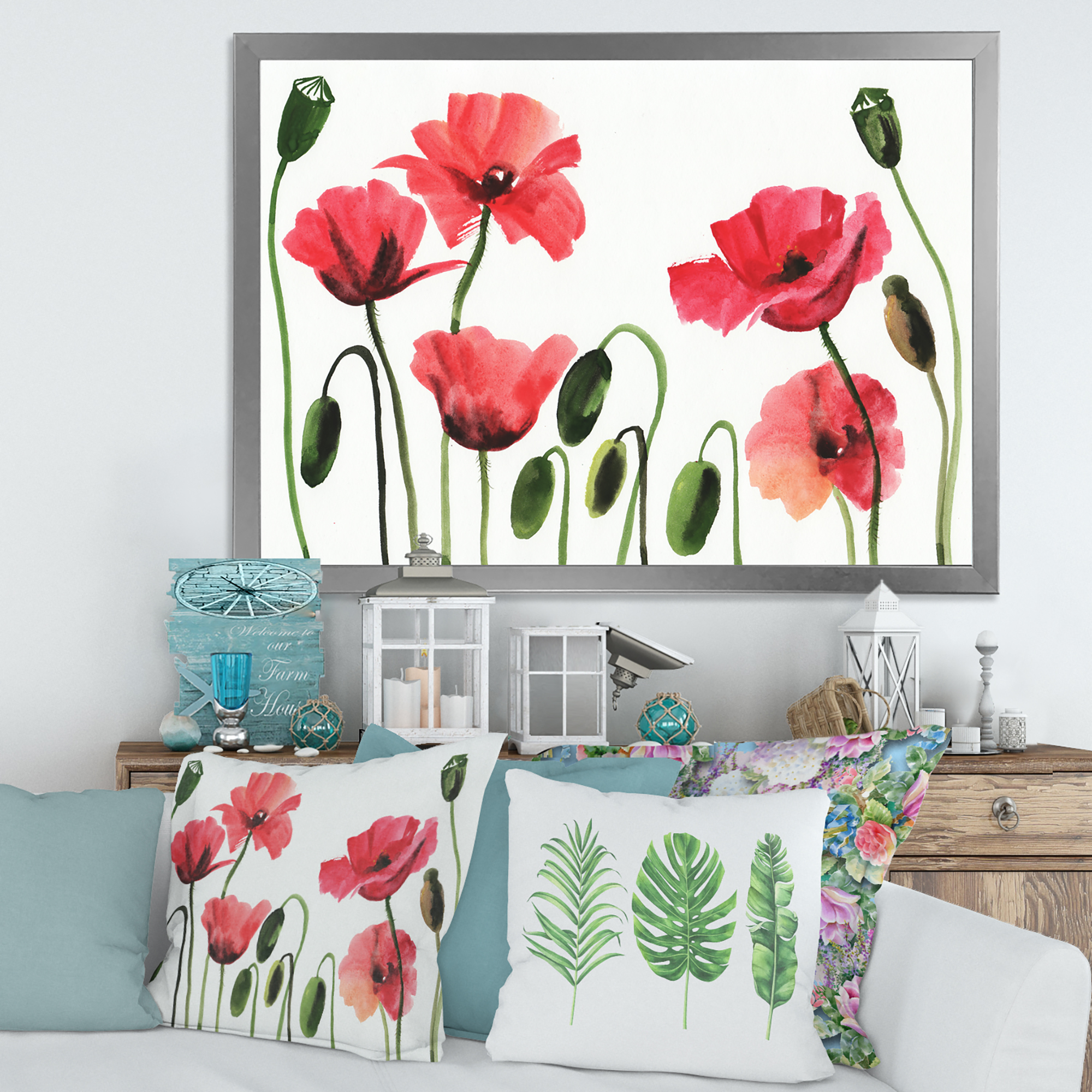 Designart 'Ancient Red Blooming Poppies' Traditional Framed Art Print