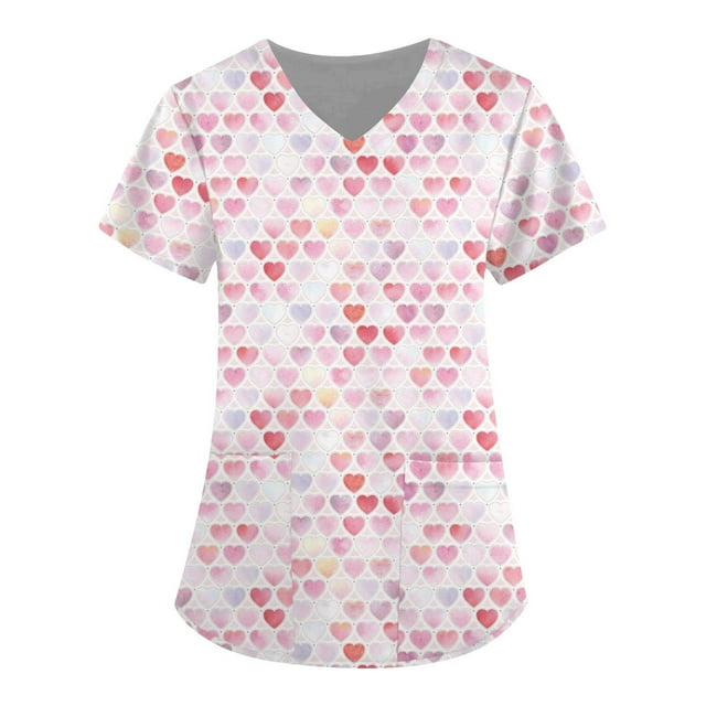 TIMIFIS Haut de Sarrau Rouge Femme Imprimé Manches Courtes Col en V Hauts Uniforme de Travail Impression Blouse à Poche Hauts avec Poches-Rouge - Printemps