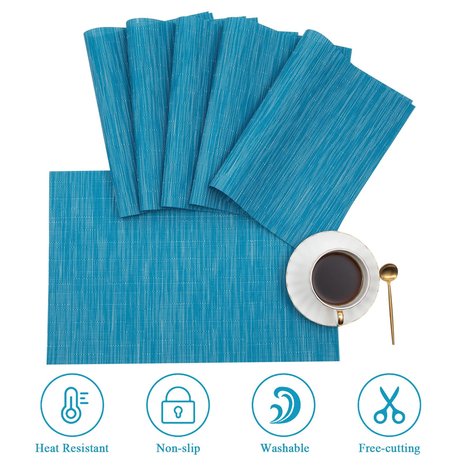 Stcomart Set of 8 Blue Vinyl Placemats - 12 x 18 Inches Washable PVC Table Mats for Dining Room Kitchen