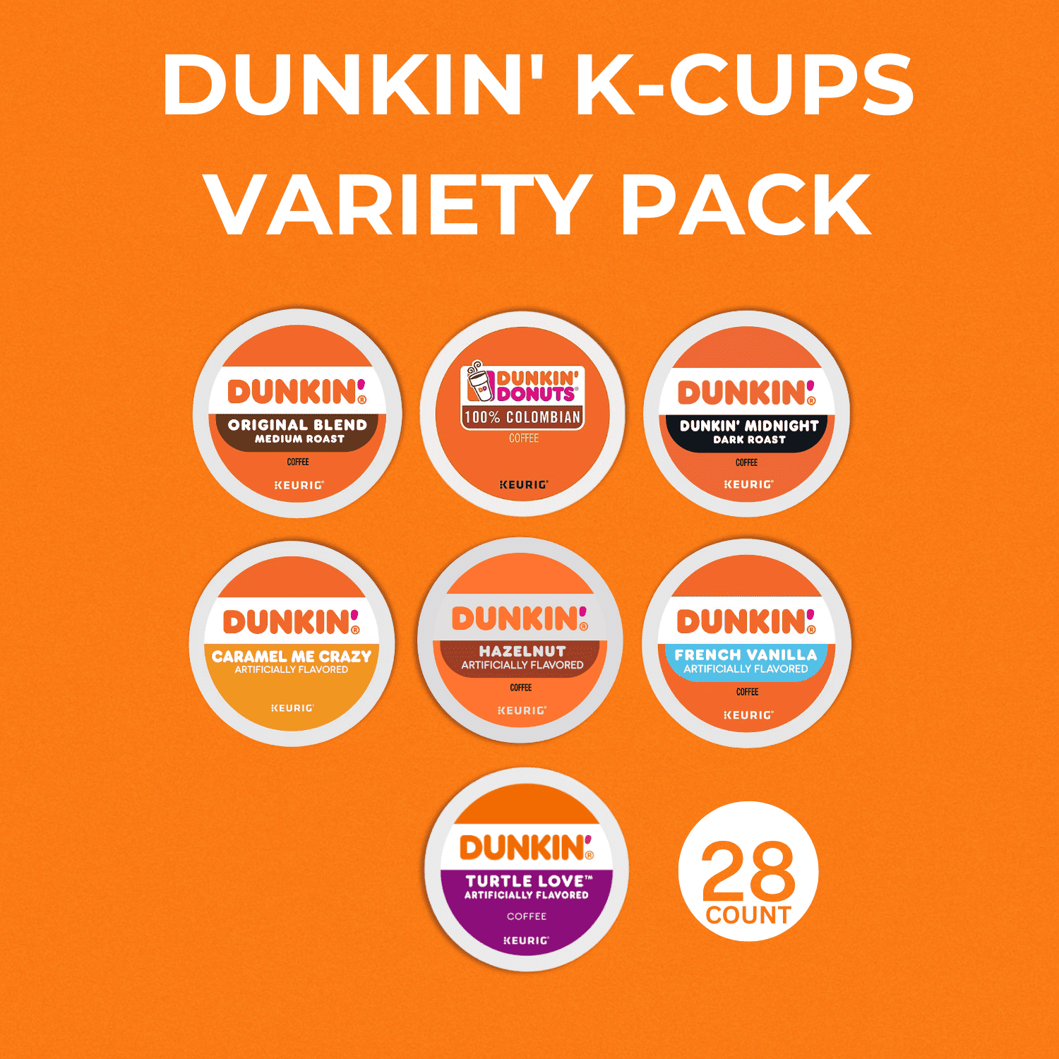 Dunkin' Donuts K-Cup Variety Pack: 28 Keurig Coffee Pods, 7 Flavors, Medium & Dark Roasts, Flavored K Cups - Hazelnut, French Vanilla, Caramel, Turtle Love Coffee Kcups with Recipe eBook