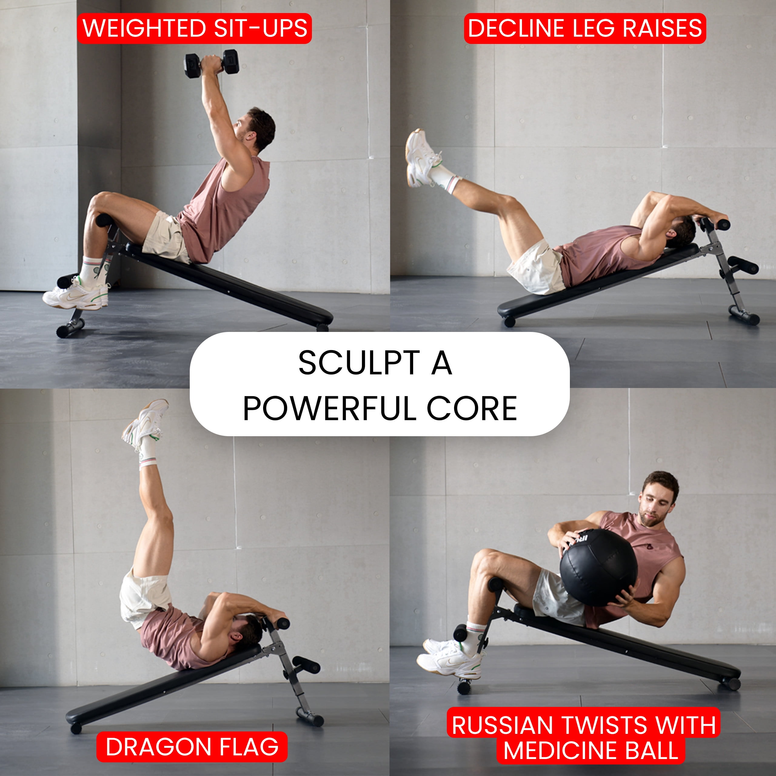 Finer Form Gym-Quality Adjustable Sit Up Ab Bench & Decline Weight Bench for Home Gym Strength Training. Supports 660lbs.