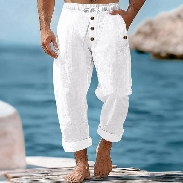 Pantalones largos para hombre, informales, de playa, de lino, de color liso, holgados, con cordón ajustable y bolsillos con botones, de poliéster.