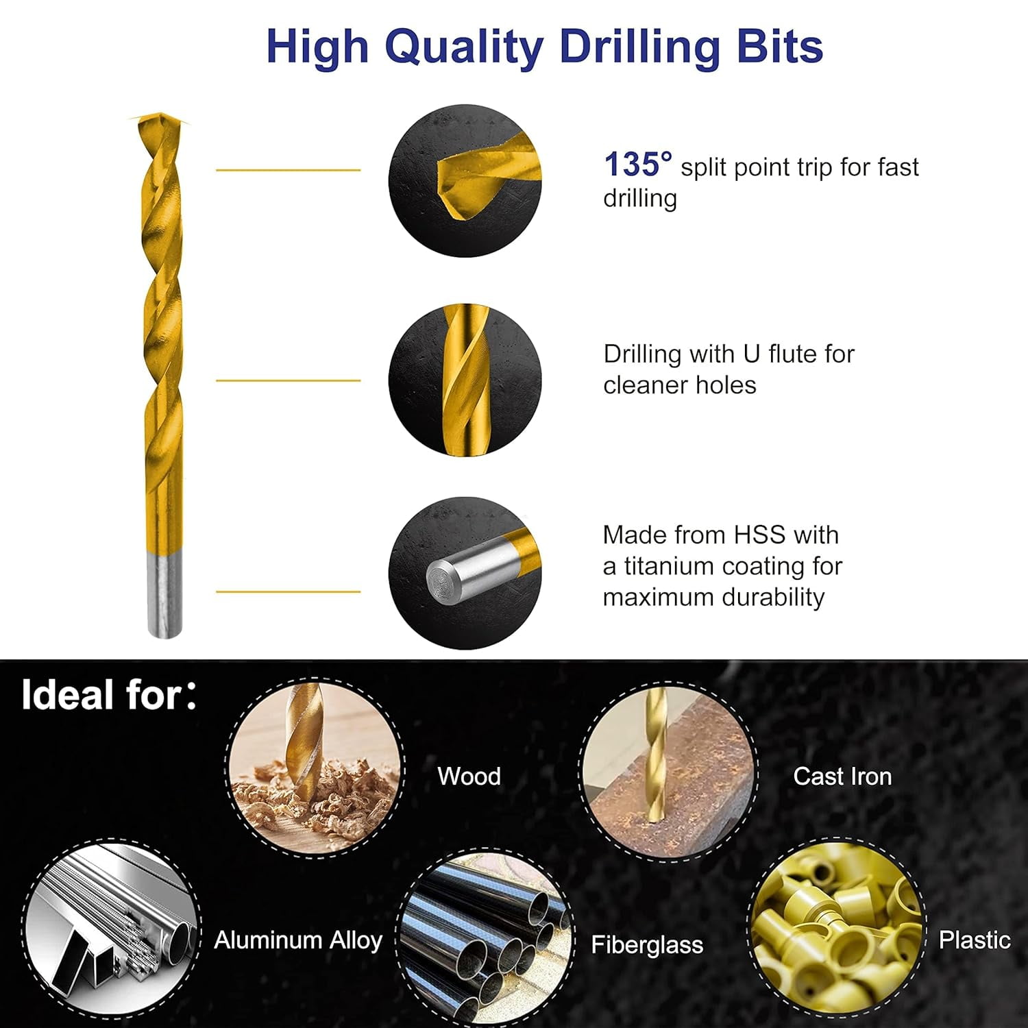 230 Pieces Titanium Twist Drill Bit Set, 135° Tip High Speed Steel, Size from 3/64" up to 1/2", Ideal Drilling in Wood/Cast Iron/Aluminum Alloy/Plastic/Fiberglass, with Hard Storage