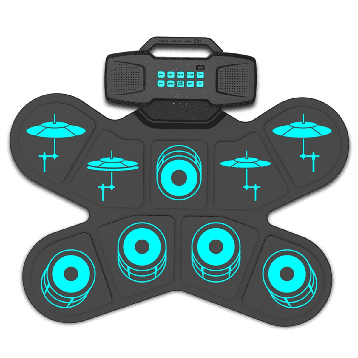 TOP! Electronic Drum Set Hand Roll 9 Pads Dual Speaker Rechargeable Practice Pad Kit with Drumsticks Foot Pedal