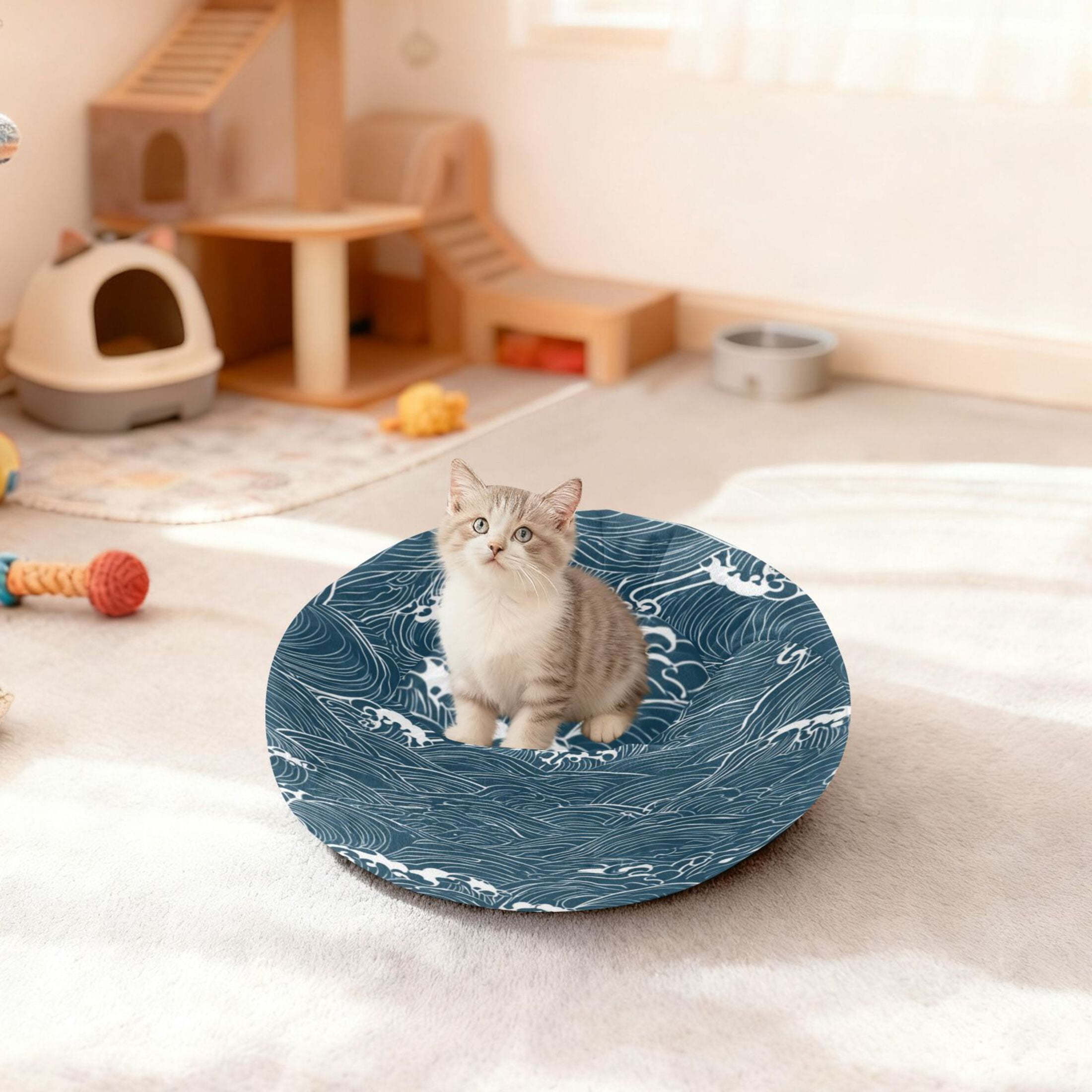 Iauyy Pet Couch Donut Cat Bed for Indoor Cats/Small Dogs Washable & Machine with Non-slip Bottom Calming Cat Furniture, Vector Illustration (M)