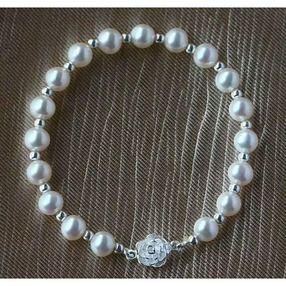 K-KED NATURAL 7-8MM AKOYA GENUINE WHITE ROUND PEARL BRACELET 7.5-8" 925 SILVER