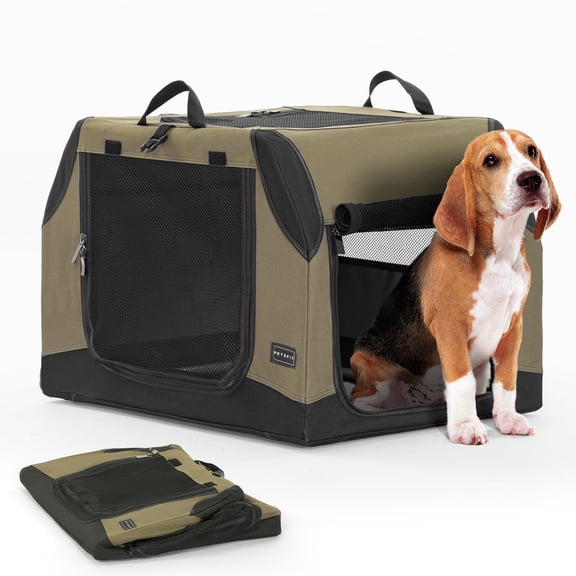 Petsfit 30 Inch Dog Kennel Indoor, Adjustable Fabric Cover by Spiral Iron Pipe, Chew Proof 3 Door Design, Soft Sided Collapsible Dog Crate Green