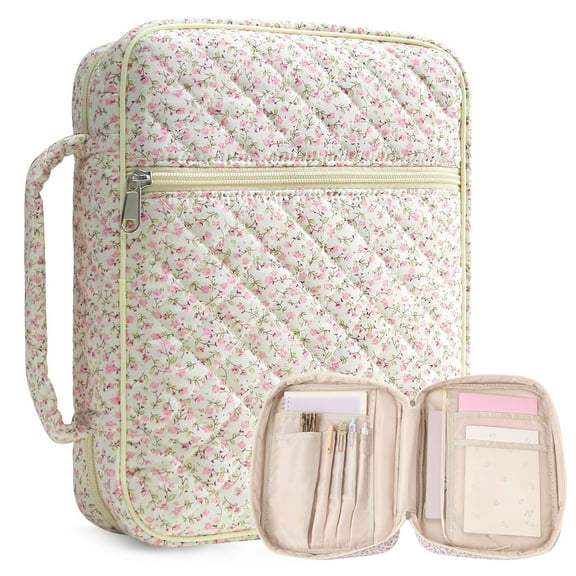 Pink Floral Large Bible Cover Case for Women, Quilted Tote Bags with Multiple Compartments, Carrying Case for Bible Study Accessories, Christian Gifts