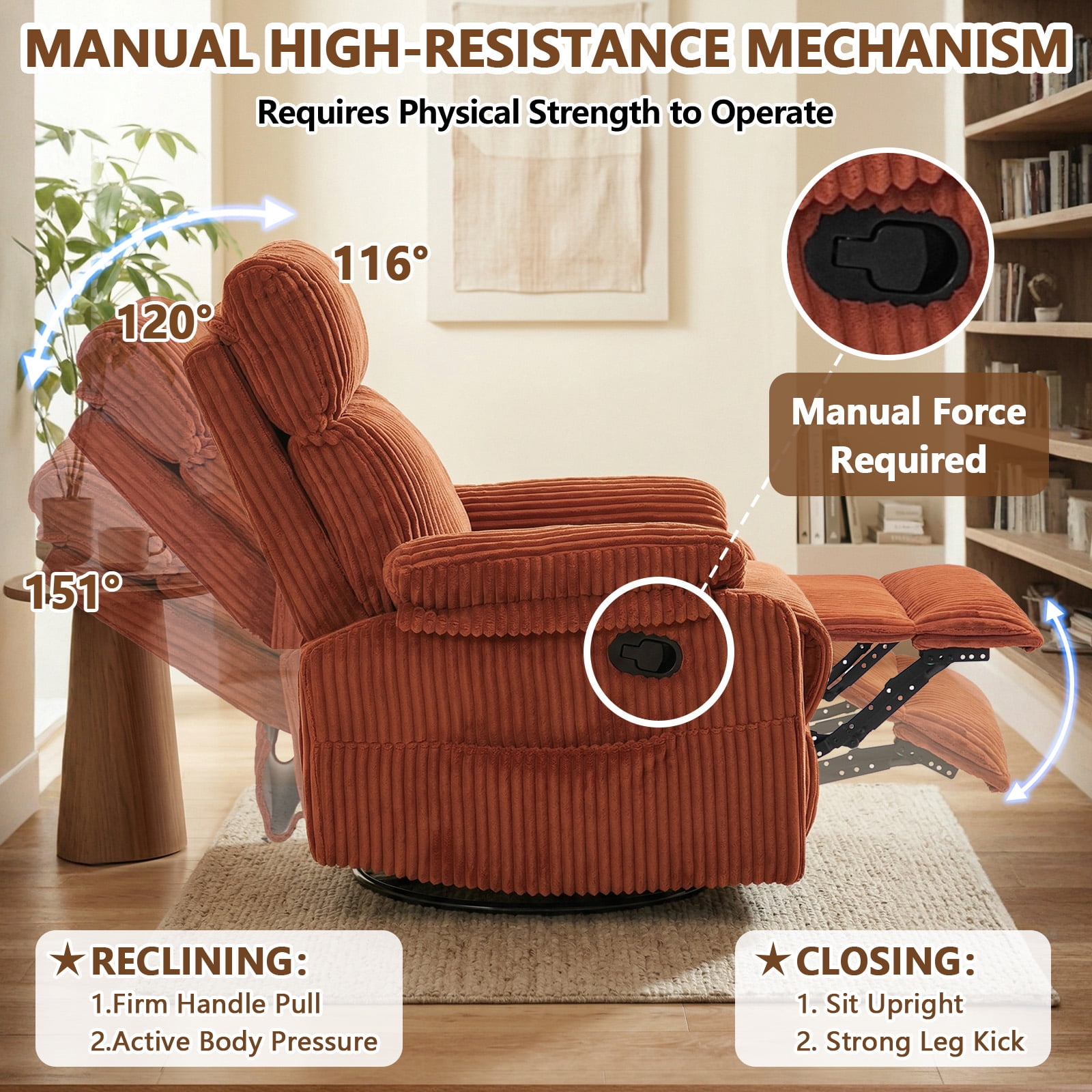 Leumius Swivel Recliner Chair,360° Swivel Rocker Chair for Living Room,Upholstered Nursery Glider Recliner Chair for Small Spaces,Manual Recliner for Adults for Home Theater,Orange
