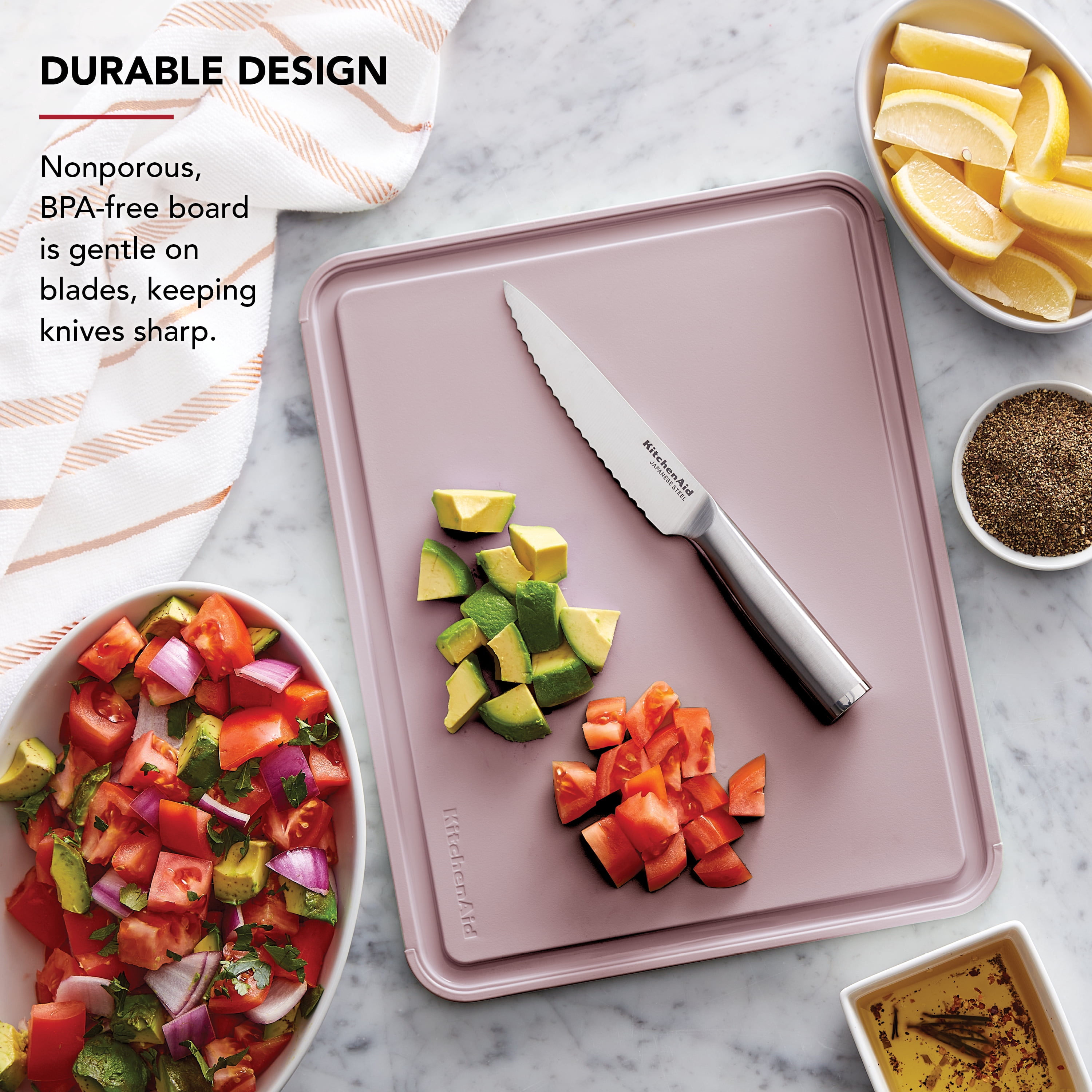 KitchenAid Classic Plastic Cutting Board with Trench, Non-Slip Edges, Dishwasher Safe, 11x14, Dried Rose