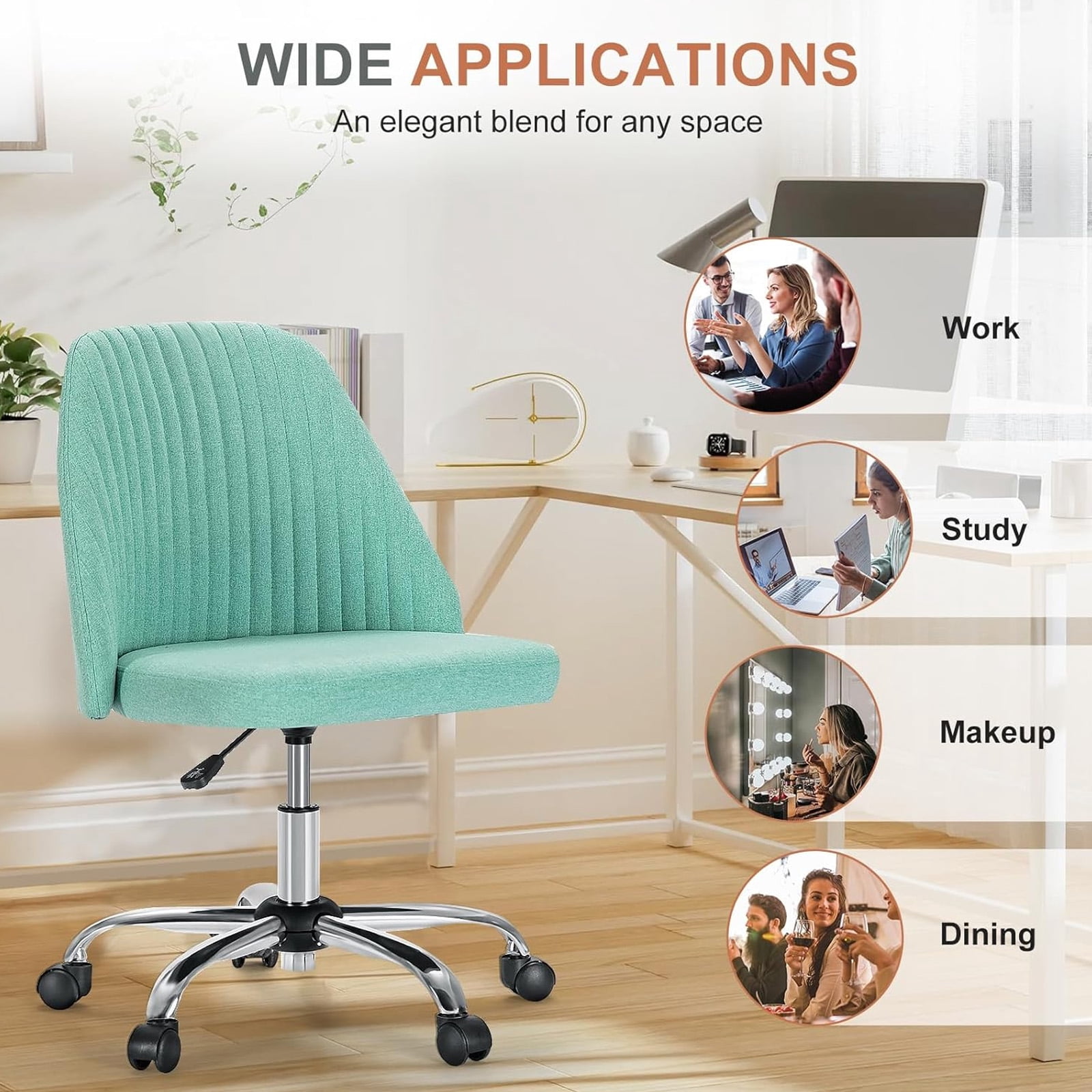Casabay Armless Office Chair, Extra Cushion Padded Compact Upholstered Desk Chair with Back Support, Rolling Swivel Vanity Chair for Home Office, Green