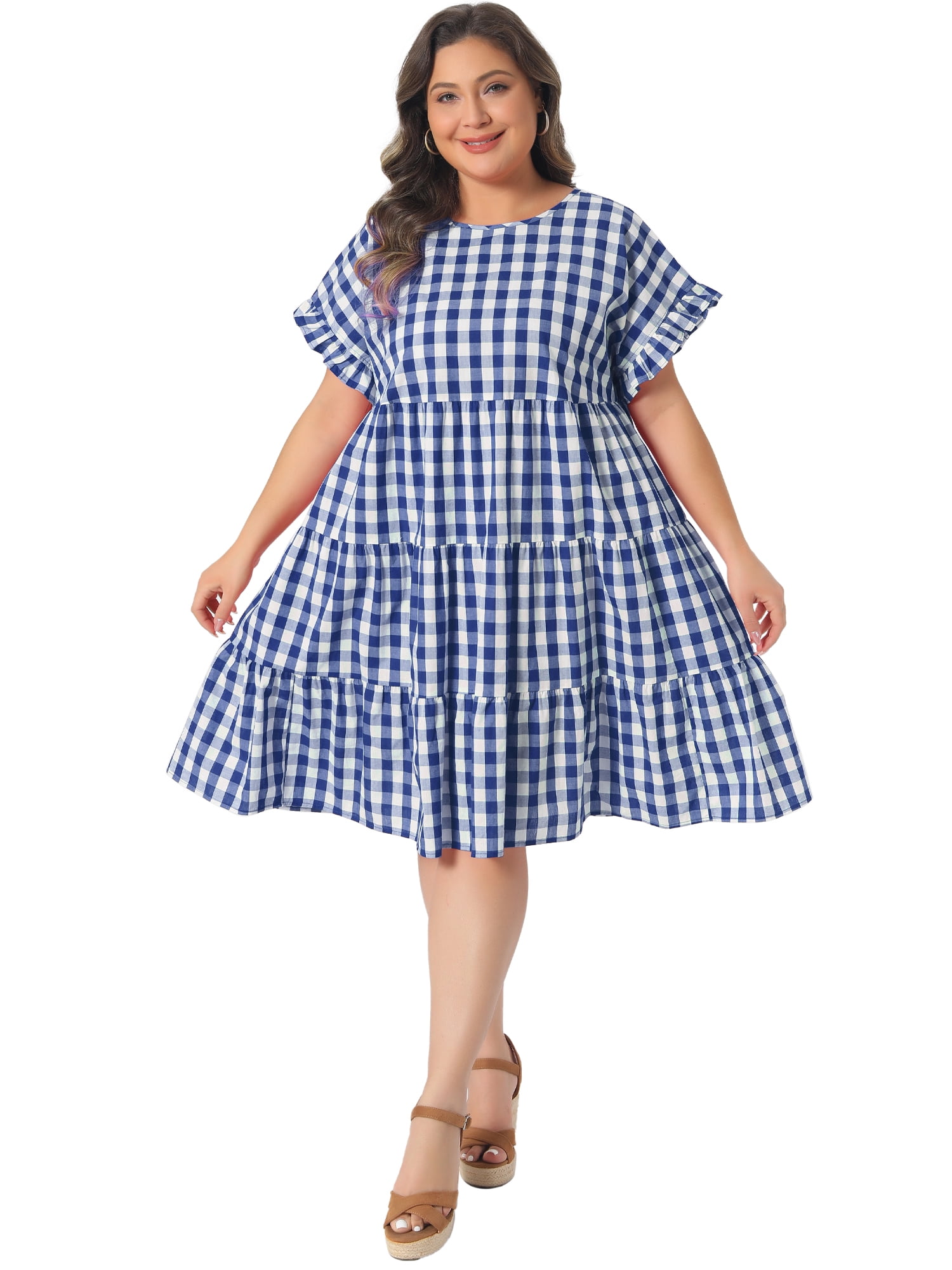 DARING DIVA Women's Plus Gingham 1950s Plaid Round Neck Dress 3X Royal Blue