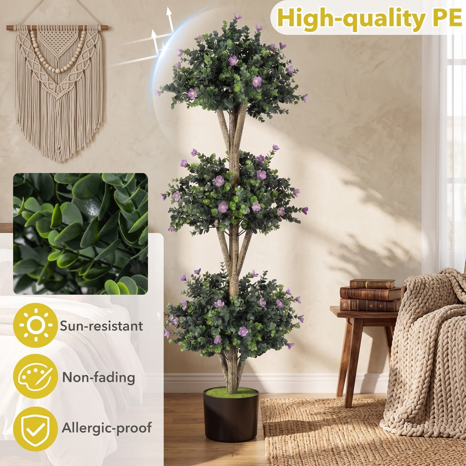 Fenbeli 51 Inch Artificial Triple Ball Boxwood Topiary Tree with 59 Purple Blossoms, Faux Potted Boxwood Plant with Cement-Filled Pot for Indoor Outdoor Porch, Purple