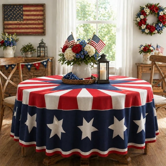 55" Patriotic Star Round Tablecloth, 4th of July American Independence Day Round Tablecloth, Americana Party Table Cover for 4th of July, Memorial Day, Labor Day