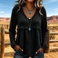 thumbnail image 2 of Women's Plus Size Long Sleeved V Neck T Shirts Causal Loose Fit Solid Tops Ladies Fall Ruffle Hem Going out Tees Black02 XXXL, 2 of 5