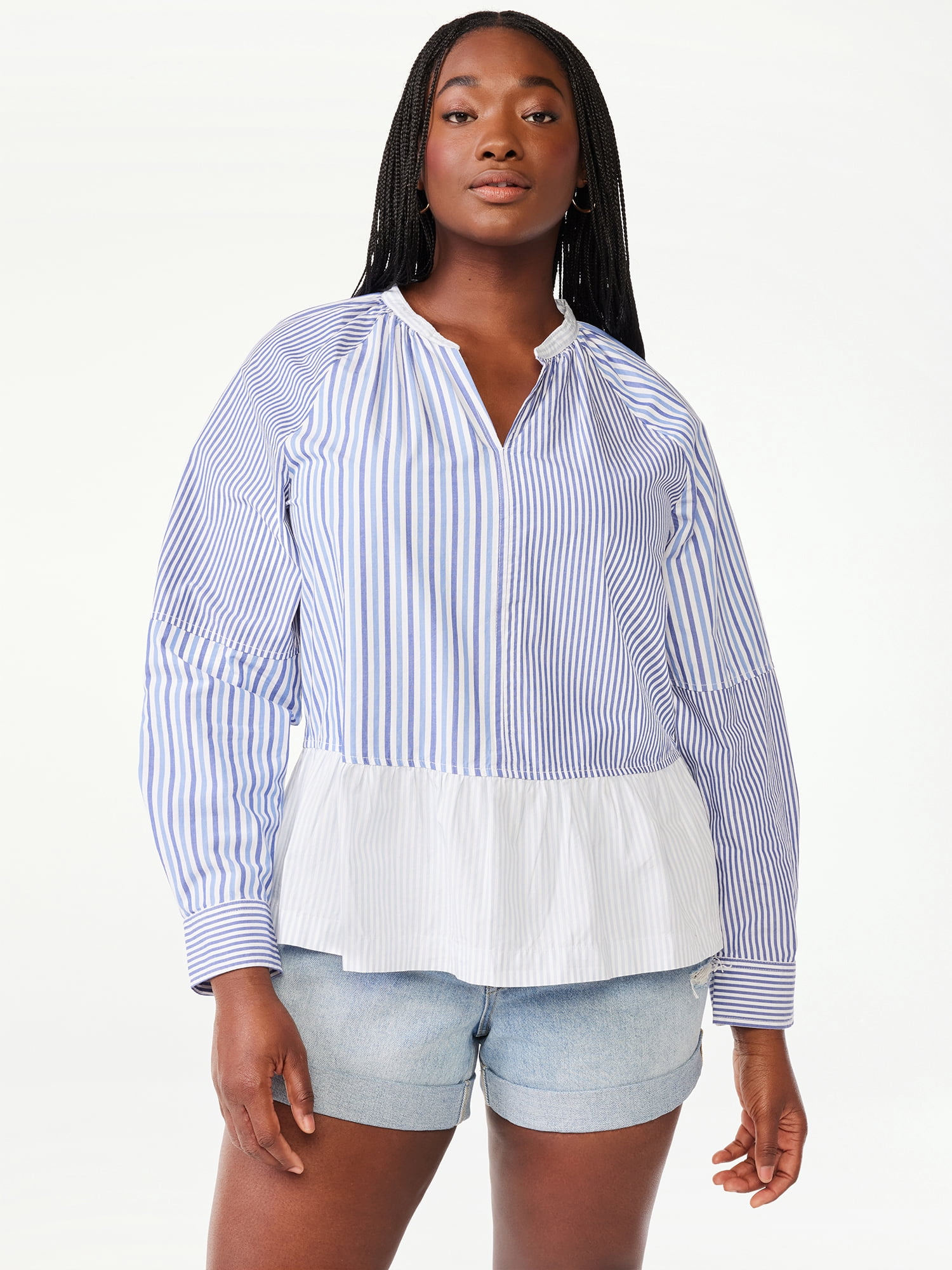 blue and white striped peplum top
