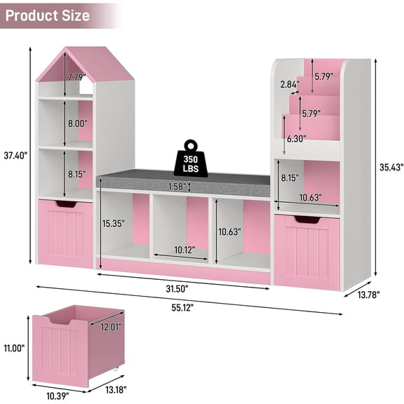 Kids Bookcase and Bookshelf with Reading Nook, Pink, Modern, 3 Shelves, Toy Storage Organizer for Kids Room, Playroom, Bedroom