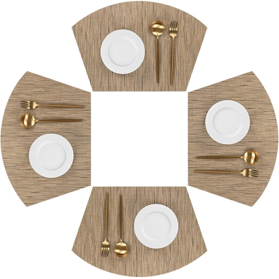OWNTIDE Wedge Shape Placemats Set of 4 Woven Vinyl Round Table Placemat Curved Place Mats Wipe Clean Dining Table Mats Home Table Decor (4, Tan)