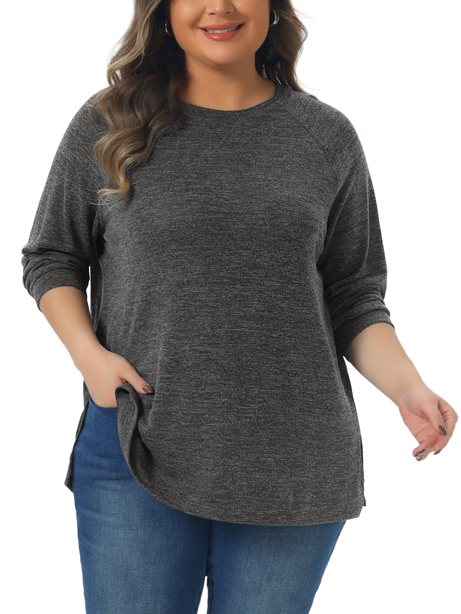 DARING DIVA Women's Plus Crew Neck Casual Pullover Knit Blouse Top 2X Black Gray