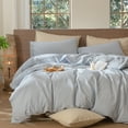 thumbnail image 4 of MooMee Striped Duvet Cover Set Cal-King 100% Washed Cotton Linen Like Textured Breathable 3-Piece (Cornflower Blue& White Wide Stripes), 4 of 6