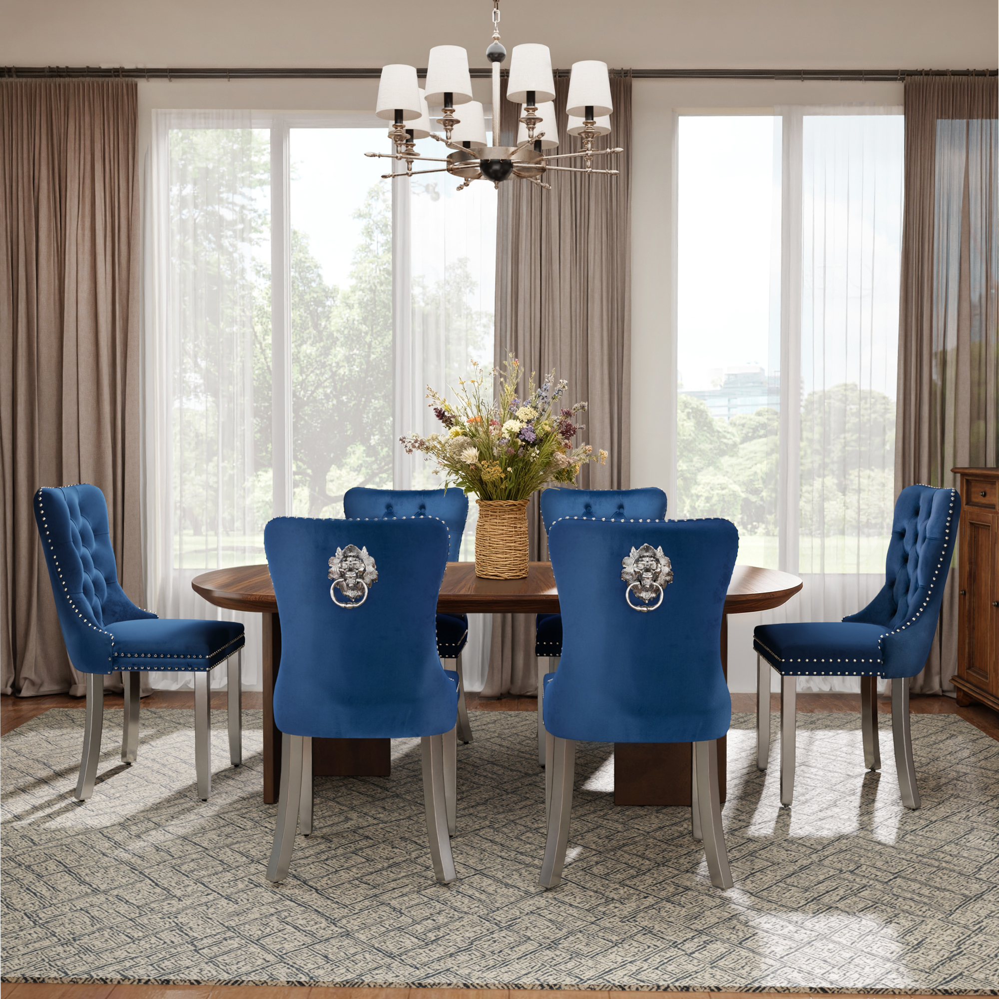 DONICK Velvet Upholstered Dining Chairs,Wing Back Side Chair Tuft Nailhead Ring Pull Metal Legs(Blue,Silver Legs,Set of 2)