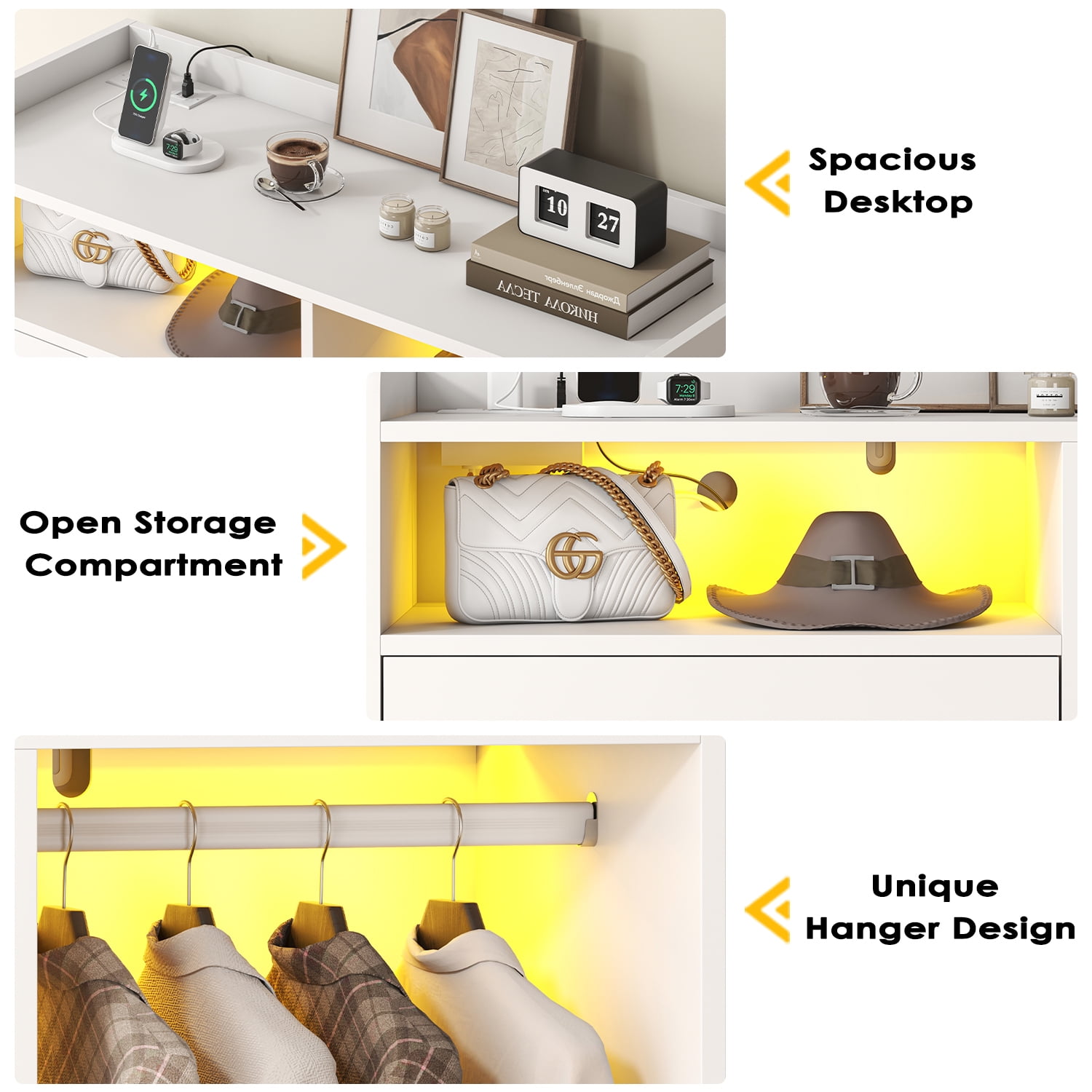 Winkalon 4 Drawer Dresser with Clothing Rack and LED Lights,Modern LED Dresser for Bedroom,White
