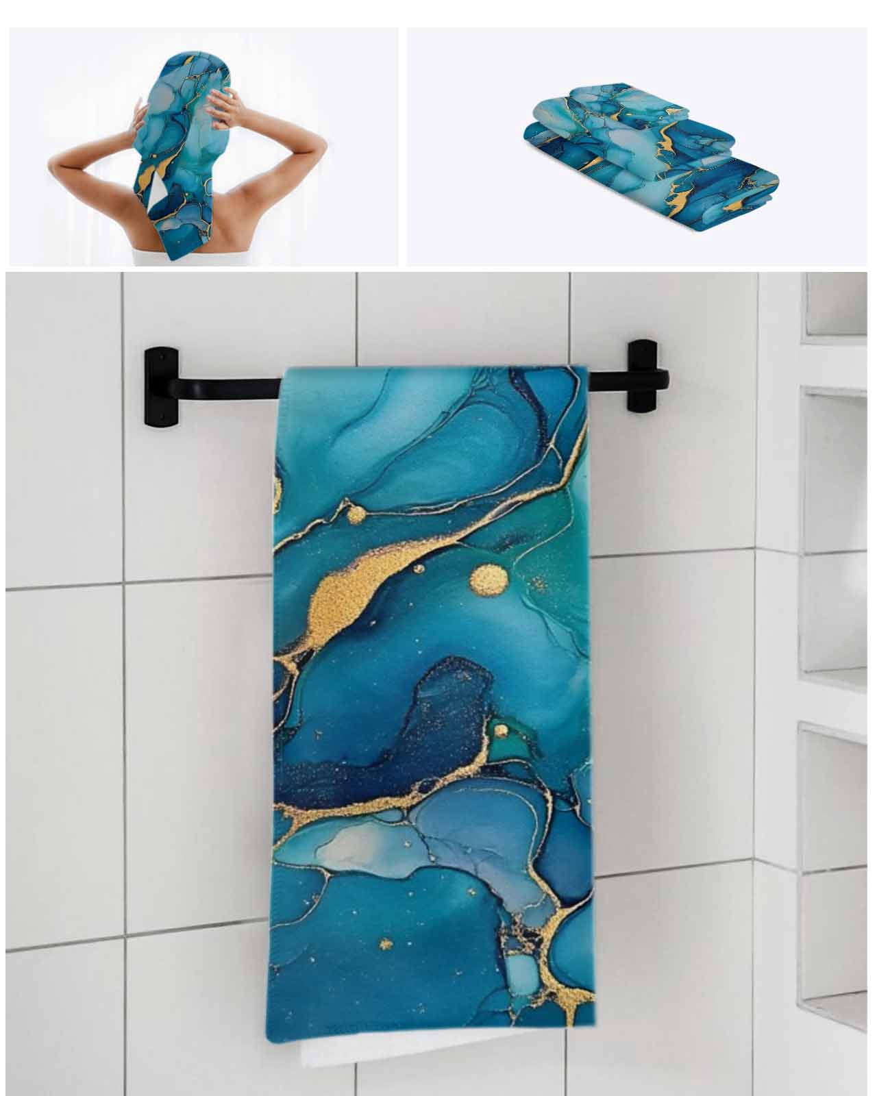 Modern Turquoise Towel Set of 3, Soft Microfiber Bath Towels, Hand Towel, Washcloths, Abstract Teal Gold Marble Textured Quick-Dry Absorbent Towels for Bathroom Kitchen Hotel Beach Gym Spa