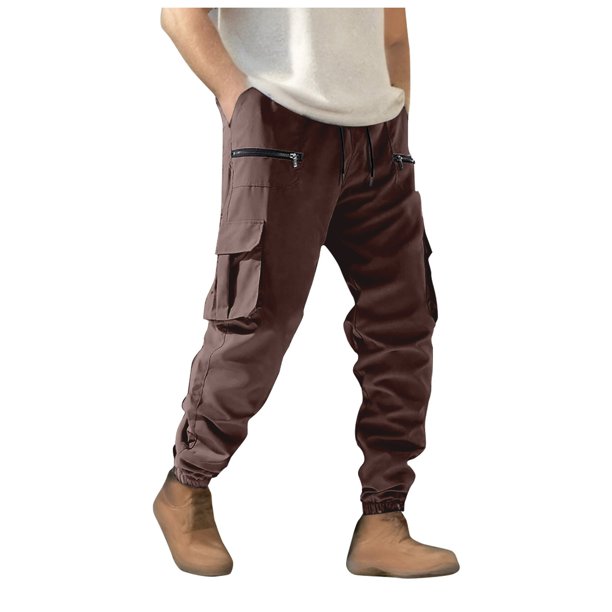 Pantalones de trabajo de color liso con cremallera para hombre: bolsillos grandes, cordones en los tobillos, estilo informal holgado, para negocios/deporte, poliéster, diseño con cintura ajustable.