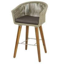 DecMode Wood Indoor Outdoor Woven Rope Bar Stool with Polyester Cushions and Slender Tapered Legs, Gray