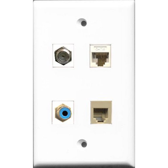 RiteAV 1 Port RCA Blue and 1 Port Coax Cable TV- F-Type and 1 Port Phone RJ11 RJ12 Beige and 1 Port Cat6 Ethernet White Wall Plate